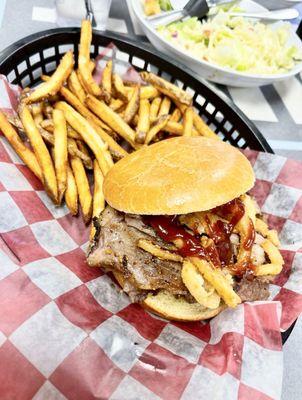 BBQ pulled pork sandwich and fries