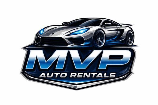 "Official MVP Auto Rentals logo with a sleek sports car and blue accents."