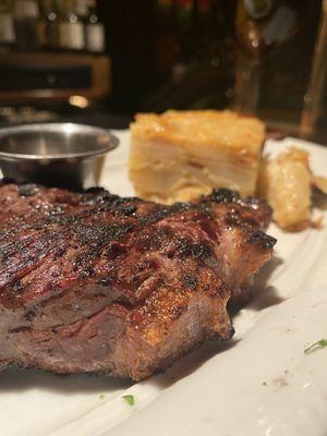 NEW YORK STRIP STEAK 16oz $38 green peppercorn au poivre, au gratin potatoes