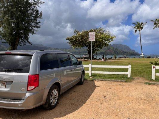 Our minivan rental parked at Hanalei Bay in Kauai.
