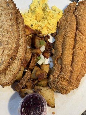 Fried Basa Catfish Fillet Breakfast Potato's Toast and Eggs