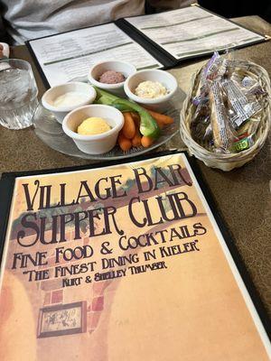 Relish tray with all the best spreads. Full menu and prime rib every day.