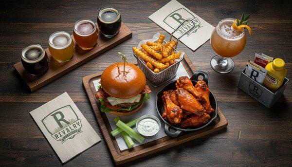 Smash burger with flight of beers.