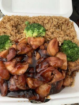 Lunch Special Bourbon Chicken with pork fried rice.