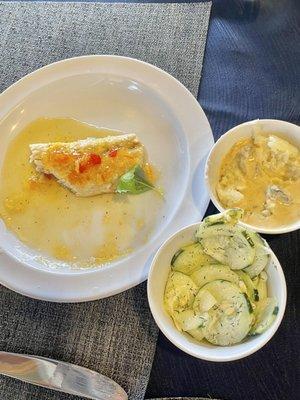 Mahi- mashed potatoes and gravy- cucumber salad with dill sauce