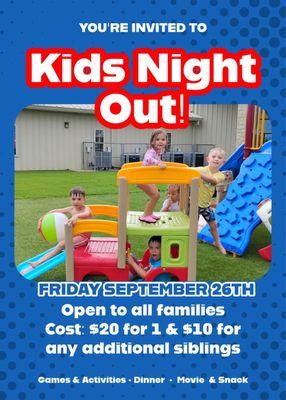 Kids night out is a monthly event provided to the community, the church, and families!