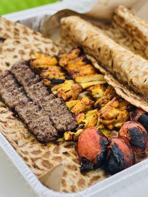 #14: 2 chicken joojeh, 2 beef koobideh, 4 grilled tomatoes, raw onion/basil, 1whole sangak bread.