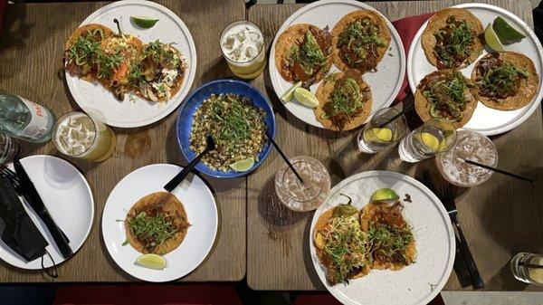 Steak, Chile Guero, Al Pastor and Chicken tacos! Corn in the blue bowl and a couple of Whiskey Sours and Saigon Lychee drinks!