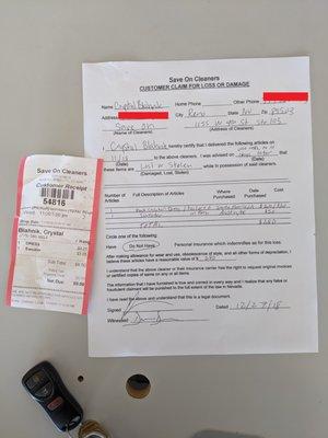 Proof of my clothes having gone missing - they even had me fill out this form