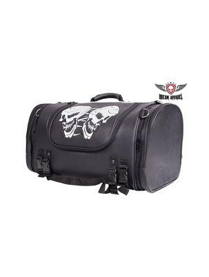 Medium Motorcycle Sissy Bar Bag / Trunk With Skull. Dimensions: 17" x 12" x 10.5"Strong nylon Velcro straps easy release $119.95
