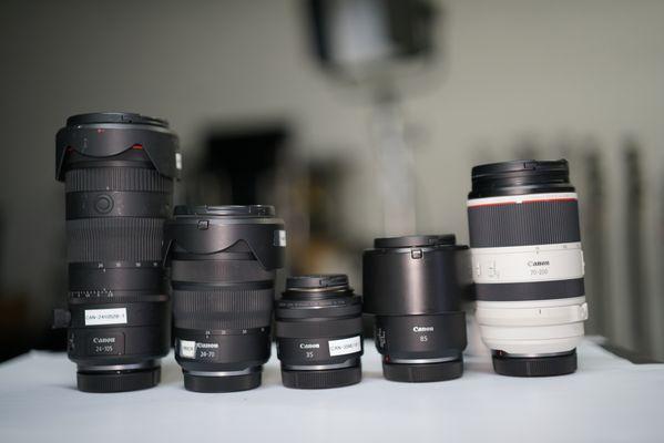 Canon RF 24-105 f2.8, Canon RF24-70f2.8 Canon RF35 f1.8 Macro Canon RF85 f2/ Macro
Canon RF70-200 f2.8