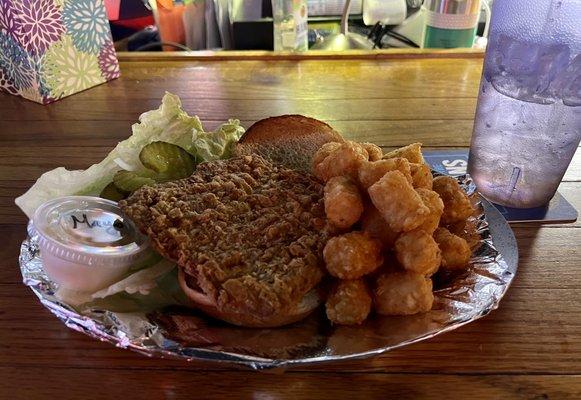 Tenderloin sandwich and tots