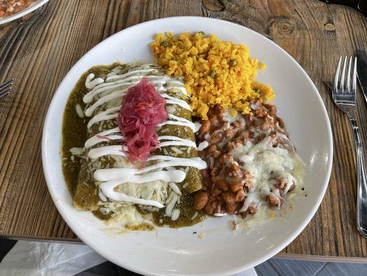 Enchiladas verdes with chicken tinga and pinto beans