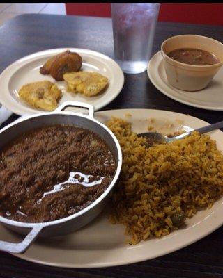 Picadillo- with mixed side of maduros and tostones and red beans