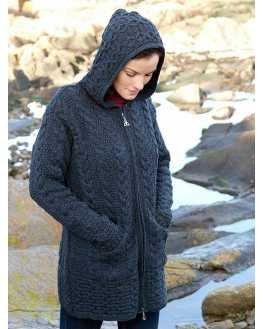 Hooded Aran Sweater Jacket with Trinity Knot Zipper.  Made In Ireland.  Available in Charcoal, Green, Navy, Natural