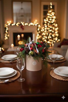Christmas centerpiece for holiday tables. Festive flowers with candles and winter greenery. Holiday floral décor in Fairfax.