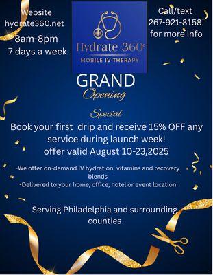 Grand opening special from August 10-23, 2025. 15% off ALL IV drips
