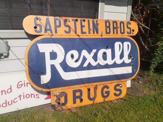 Vintage 1940's, 1950's REXALL DRUGS sign. Sign was used by Sapstein Bros. Pharmacy of Chicago, Illinois.