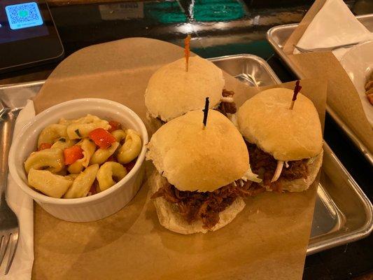 BBQ sliders, pretty good, with tortellini side, needed more seasoning, but ok.