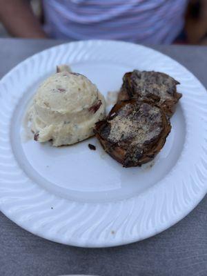 Bacon wrapped petite filets & wasabi mashed potatoes