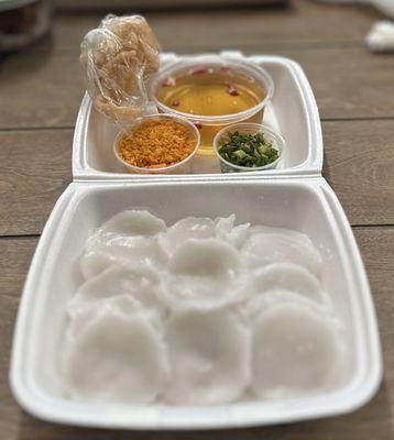 Bánh Bèo Tơm Chấy: steamed rice cakes with ground shrimp, fried scallion/shallot, pork rind & fish sauce | $10 (30pcs)