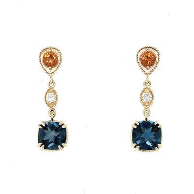Yellow gold earrings with Spessertite Garnet, Diamond and London Blue Topaz