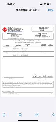 Test results from water samples taken from the carpet that showed "human feces"