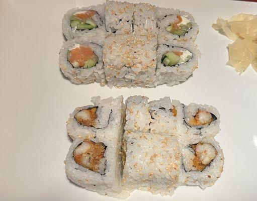 Philadelphia roll without avocado and spicy tuna roll