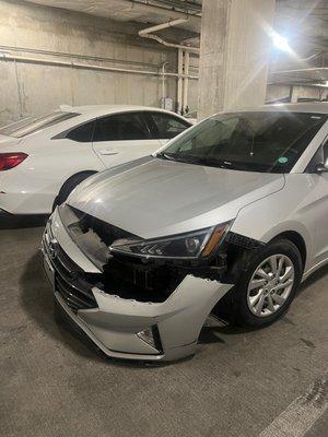 2019 Hyundai Elantra front bumper was ripped off. Also needs some minor scratches re-painted on bumper.
