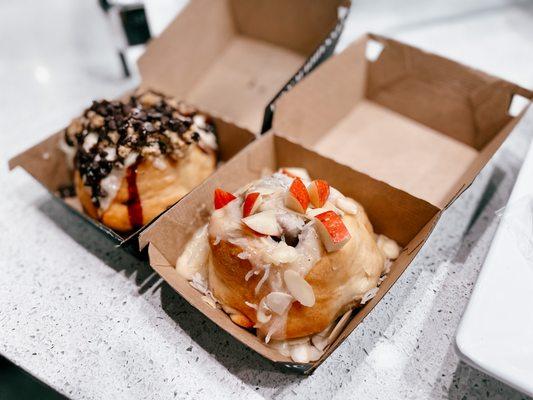 cookie monster in the back and the custom one I made with maple frosting, sliced almonds, coconut and apples