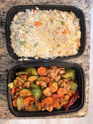 Chicken fried rice and Kung pow chicken