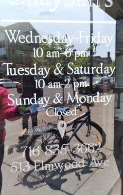 Hours on Elmwood:
Tue 10-2
Wed 10-6
Thu 10-6
Fri 10-6
Sat 10-2
Closed Sun & Mon