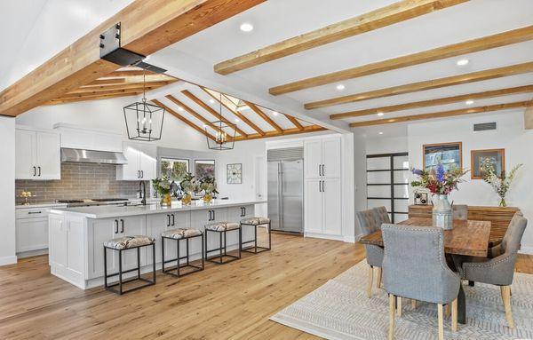 Bel Air Remodeled Home with A New Modern Kitchen - open space design, Huge Island, vaulted ceilings and exposed wood beams.