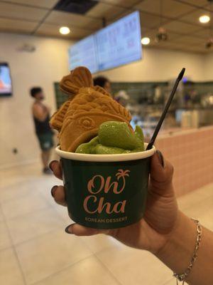 Matcha soft serve with upside down boong oh