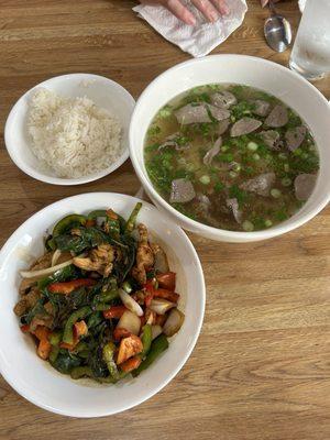 Basil Stir Fry with Chicken (E2) Noodle Soup with Rare Round Steak and Meatballs (P2)