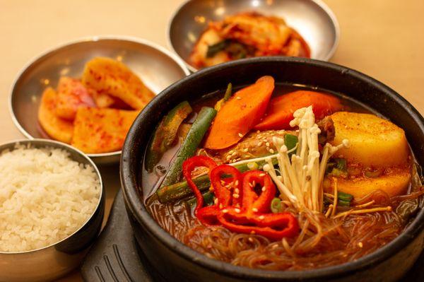 Spicy chicken stew with kimchi and rice.