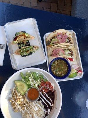 Chicken burrito bowel, shrimp taco and beef Norris taco