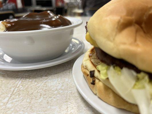 Cheese burger and mashed potato 8$