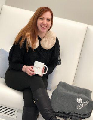 Enjoy a warm neck wrap, beverage of your choice and even a Frenchies blanket!