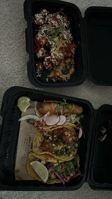 Patatas bravas, steak, shrimp, and chicken tacos