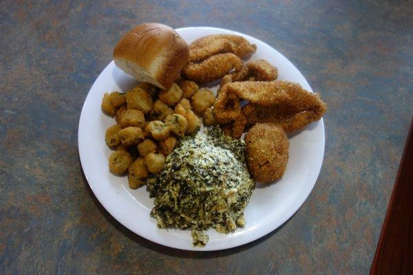 Catfish, Broccoli Casserole, Fried Okra and roll lunch or dinner