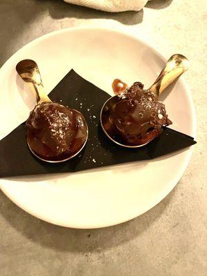 Gold Finger (Chocolate Ganache On A Spoon+ Strawberry Coulis. $3 Ea) Decadent