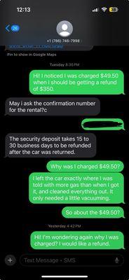 Text messages the company has quit responding to when asked about fraudulent charges.