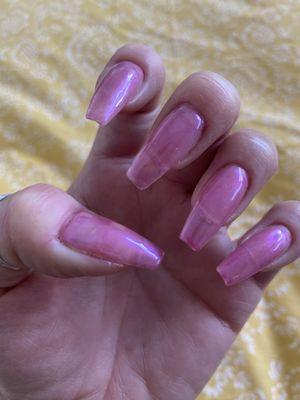 Their idea of a gel mani with fairy chrome. Where's the chrome I paid an extra $20 for? Sloppy and ugly!