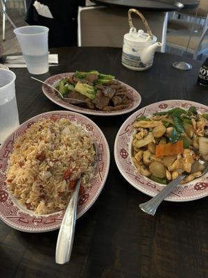 House fried rice, black bean chicken, beef and broccoli