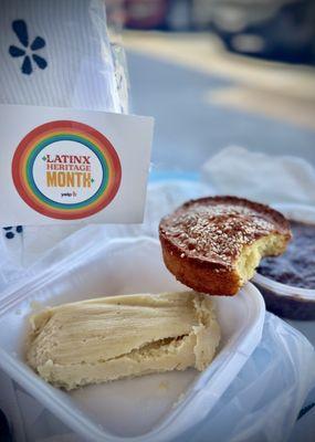 From L to R, sock swag, corn tamale, quesadillas (comp), and refried beans