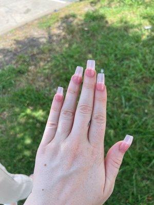 The lengths on my nails are all different sizes. Super thin too. They also charged me $10 extra dollars for this length. Do not go here!