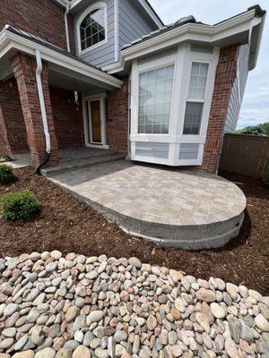 Front yard interlocking Basalite paver patio, plantings, mulch, & cobble bedding, Landscape Design, Landscape Architects, Landscaping