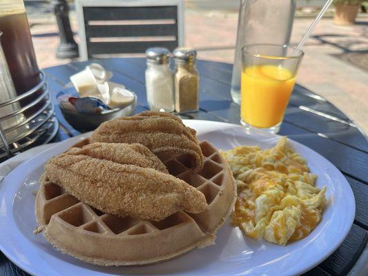 Waffle, cheese eggs, fried catfish.