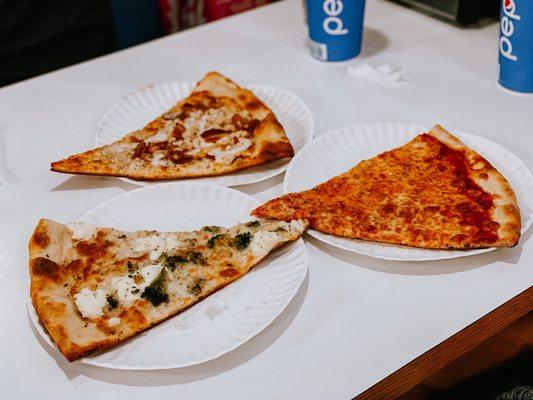 Bacon cheese pizza, broccoli ricotta pizza and plain pizza